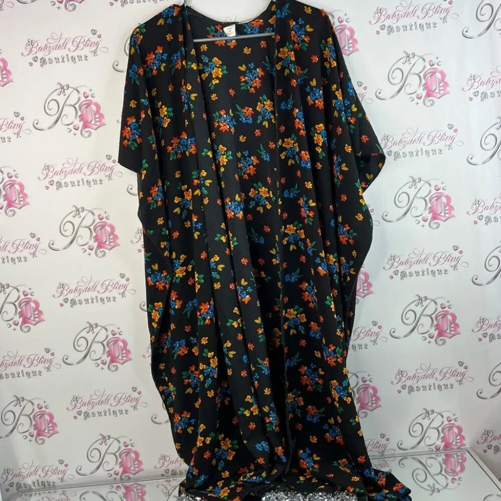 Cover Me cardigan long style flowers Floral Kimono orange blue yellow Black